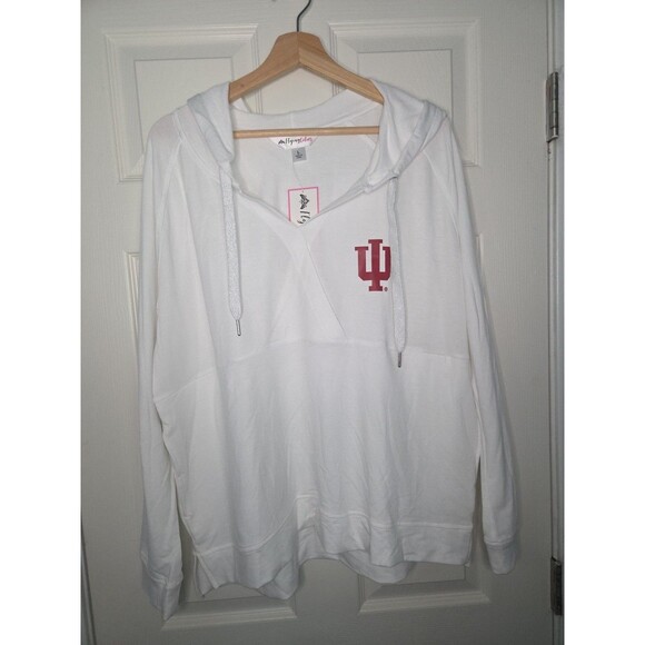 Indiana University Women White Hoodie Pullover Criss Cross Neckline Pockets Sz L - Picture 1 of 12
